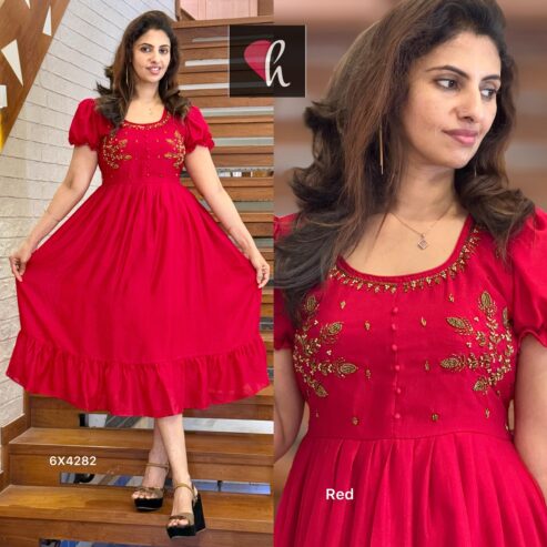 Vichithra silk frock kurti with piping n beads work