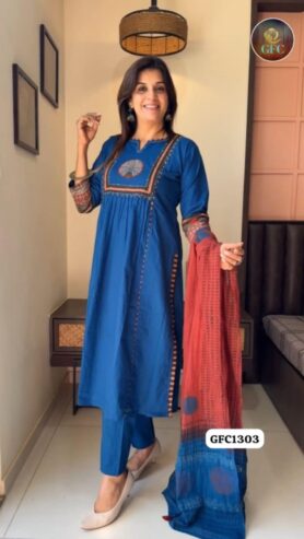 PURE COTTON PLEATED KURTA SET WITH PANTS & DUPATTA (All India Delivery Available)