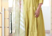 Premium modal muslin flared kurta with embroided yoke and lace work border (All India Delivery Available)