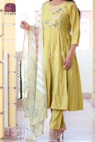 Premium modal muslin flared kurta with embroided yoke and lace work border (All India Delivery Available)