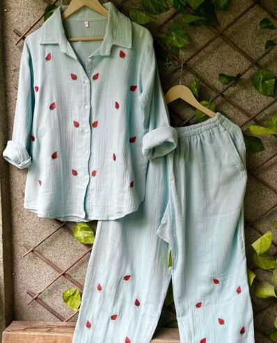 New Soft Mulmul Cotton STRAWBERRY EMBROIDERED Coords