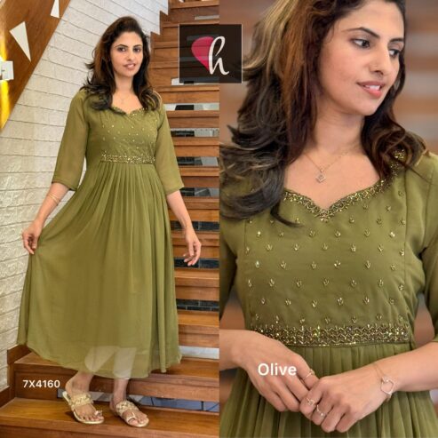 Faux georgette semi occasionally semi flair kurti with piping n beads work (All India Delivery Available)