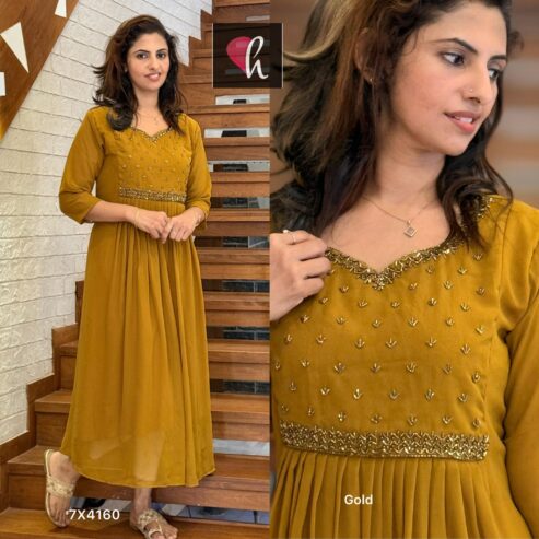 Faux georgette semi occasionally semi flair kurti with piping n beads work (All India Delivery Available)